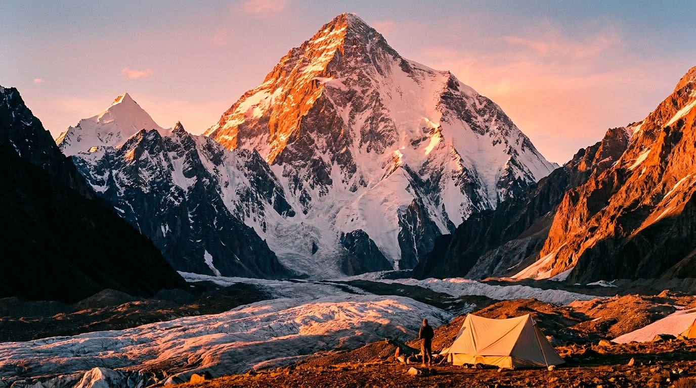 K2 at golden hour above the Baltoro glacier